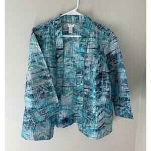 Chico's Women's Freeda Open Front Jacket Aqua Blue Beaded Ruffle Coastal Sz 2-L